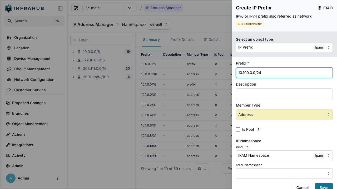 Creating prefix 10.100.0 via the Web Interface