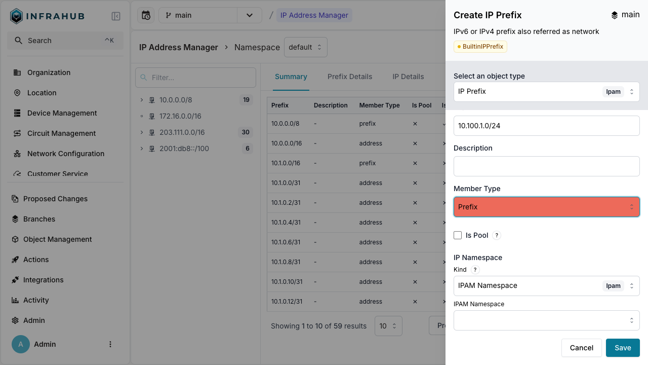 Creating prefix 10.100.1.0 via the Web Interface
